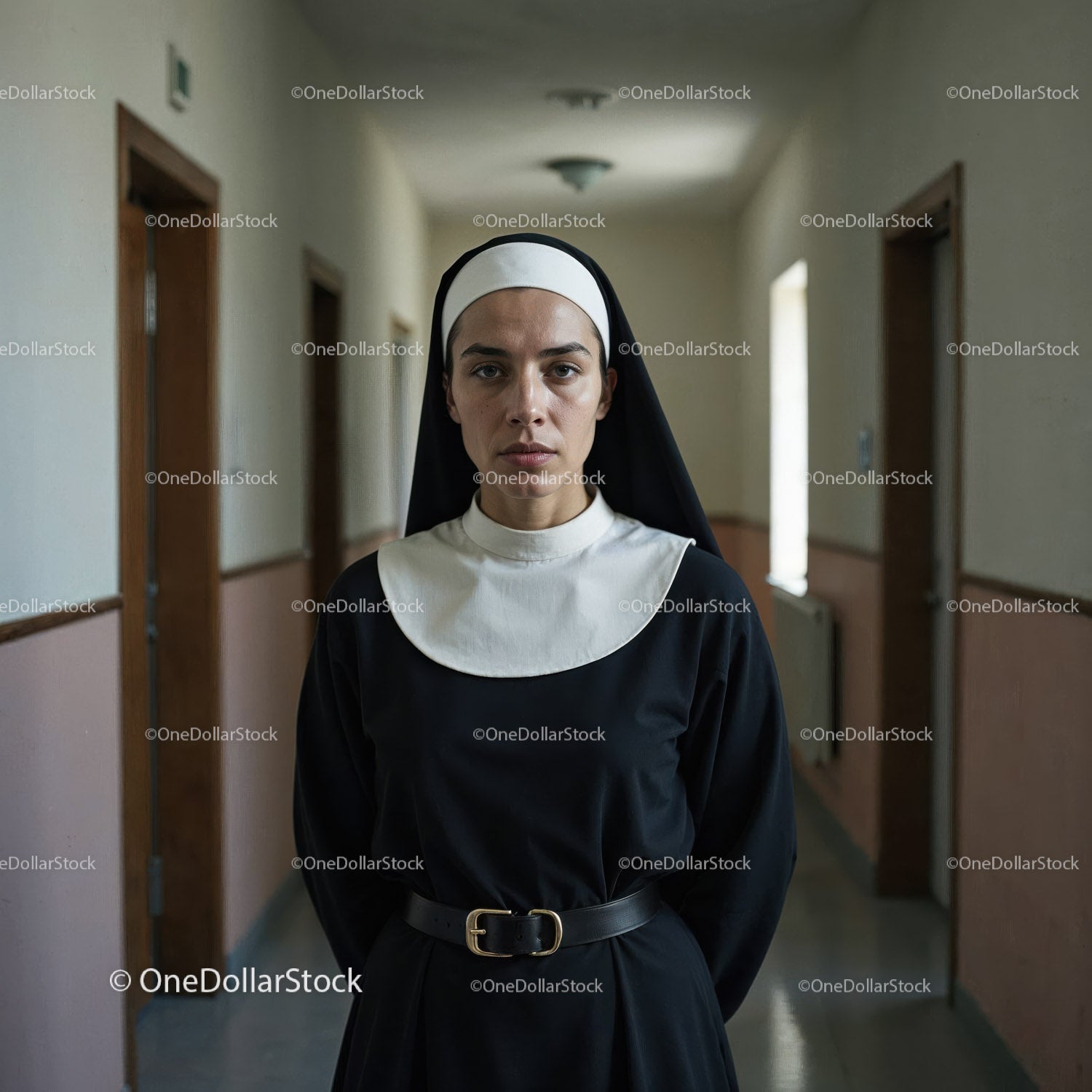 Confident Nurse in Hospital Corridor With Serious Expression