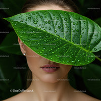 Woman with Large Green Leaf Covering Face Surrounded by Tropical Foliage