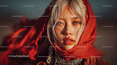 Fashion Portrait of Young Woman with Blue Eyes and Red Headscarf