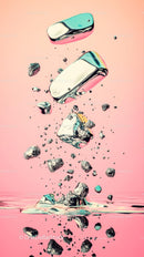 Abstract Metallic Falling Bars with Ice Rocks on Pink Background