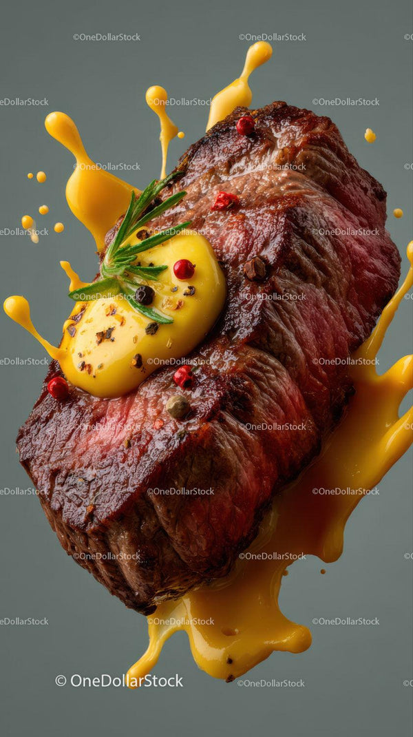 Juicy Rare Steak with Peppercorns and Rosemary Garnish