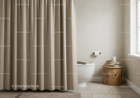 Cozy Bathroom with Beige Curtains and Wooden Side Table