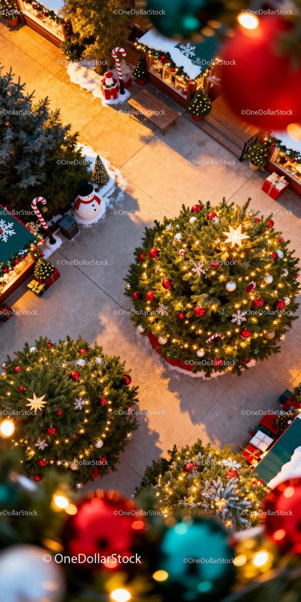 Festive Christmas Trees and Holiday Decorations Outdoor