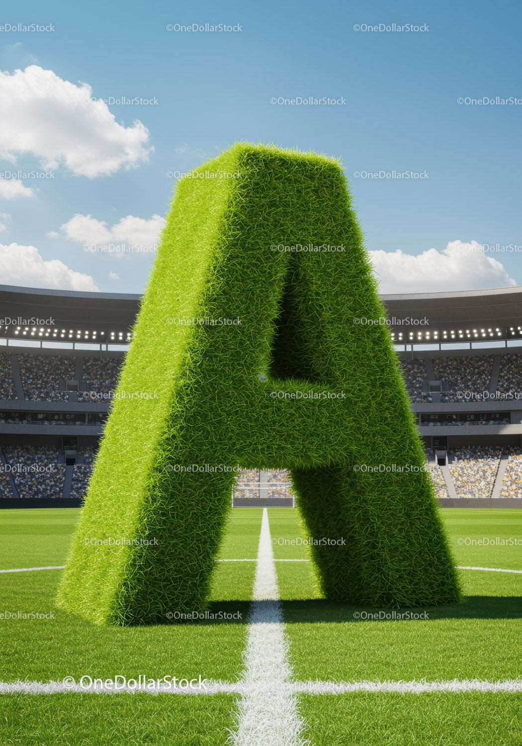 Grass covered letter A on a vibrant soccer field