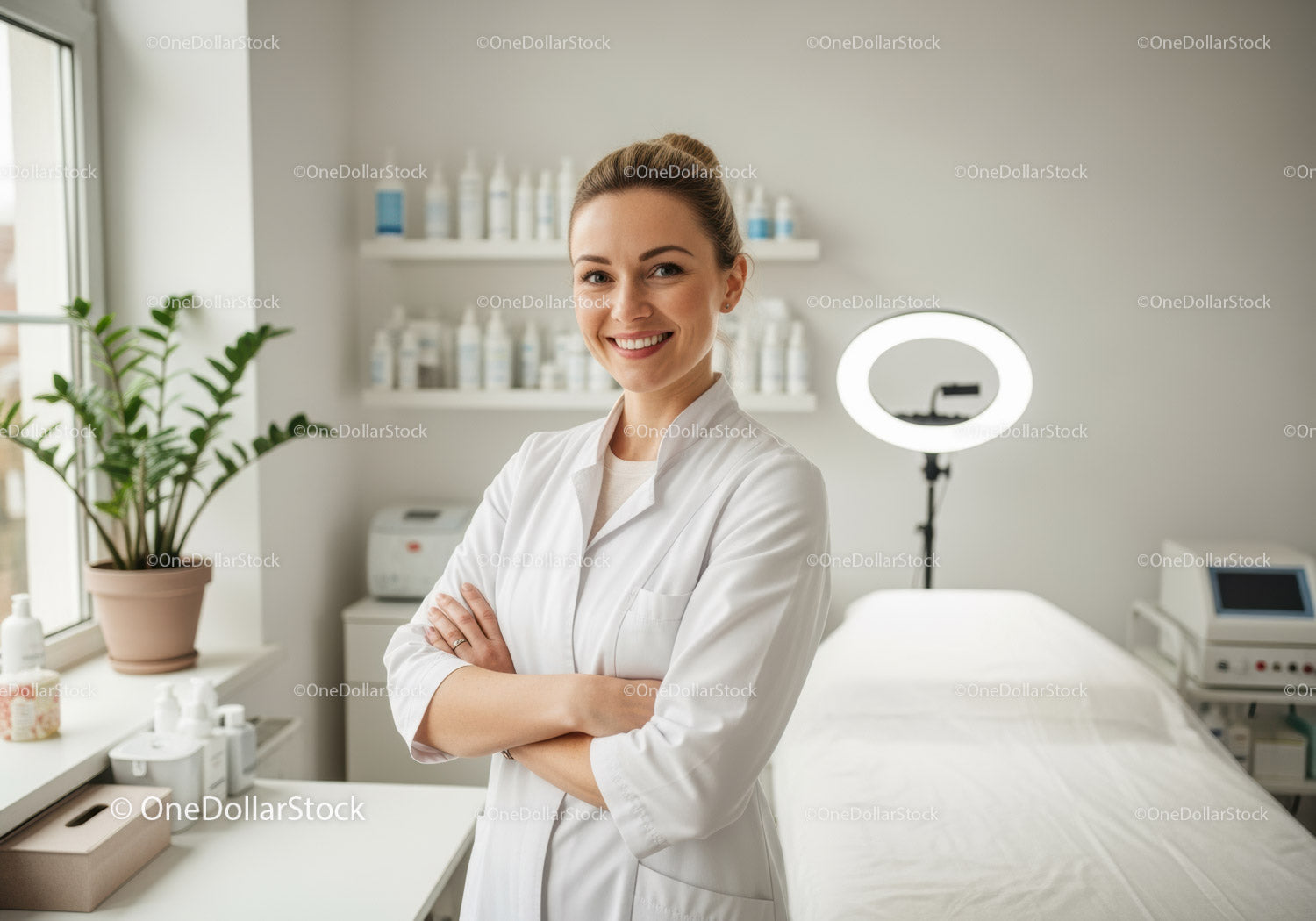 Uśmiechnięta pracownica służby zdrowia w nowoczesnej klinice medycznej