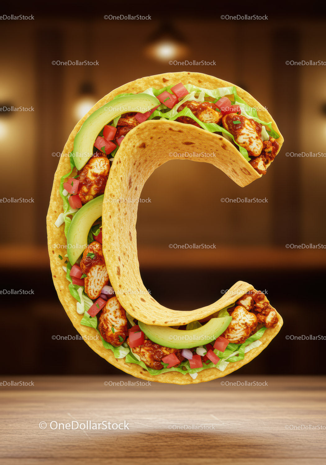 Taco shaped as letter C with fresh ingredients
