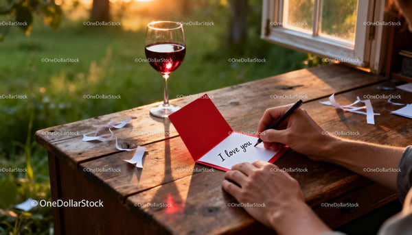 Man writing love note by rustic window at sunset