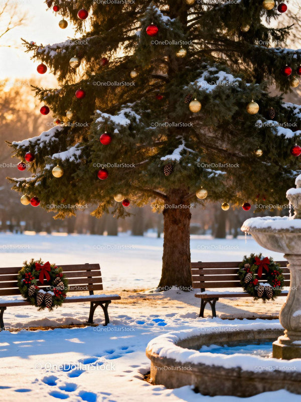 Snowy park with decorated Christmas tree and wreath benches