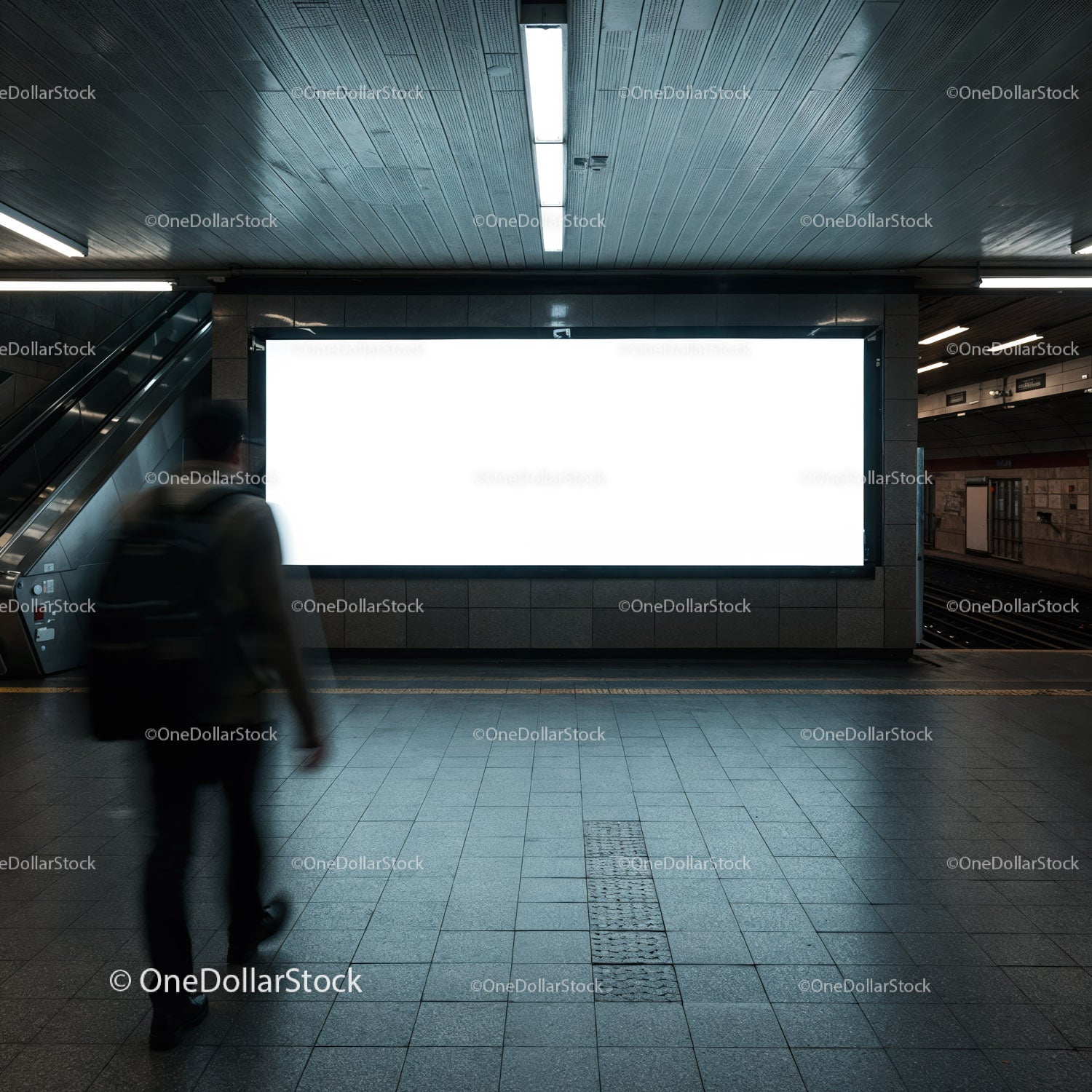 Commuter walking past empty illuminated subway billboard