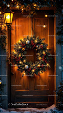 Festive Christmas Wreath Illuminating Wooden Door