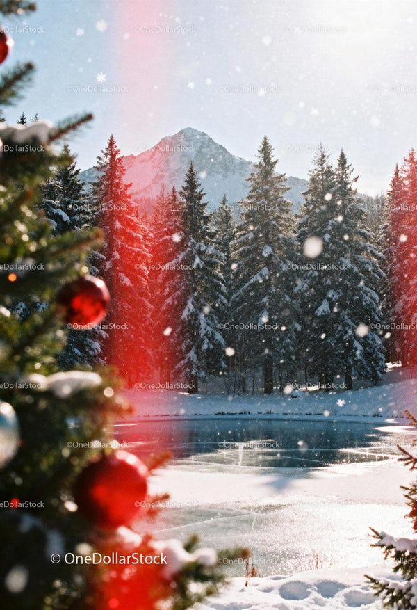Snowy Mountain Lake with Festive Christmas Tree