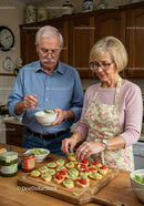 Senior couple preparing fresh appetizers at home kitchen