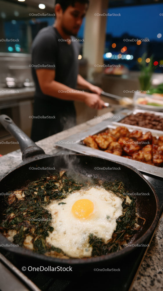 Egg and Greens Frying Pan in Modern Kitchen with Chef Preparing Food