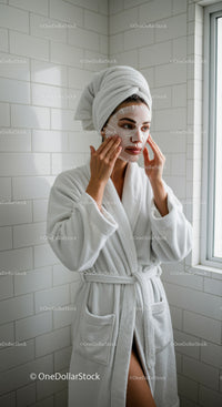 Woman Performing Facial Skincare Routine in Bathroom With White Tiles