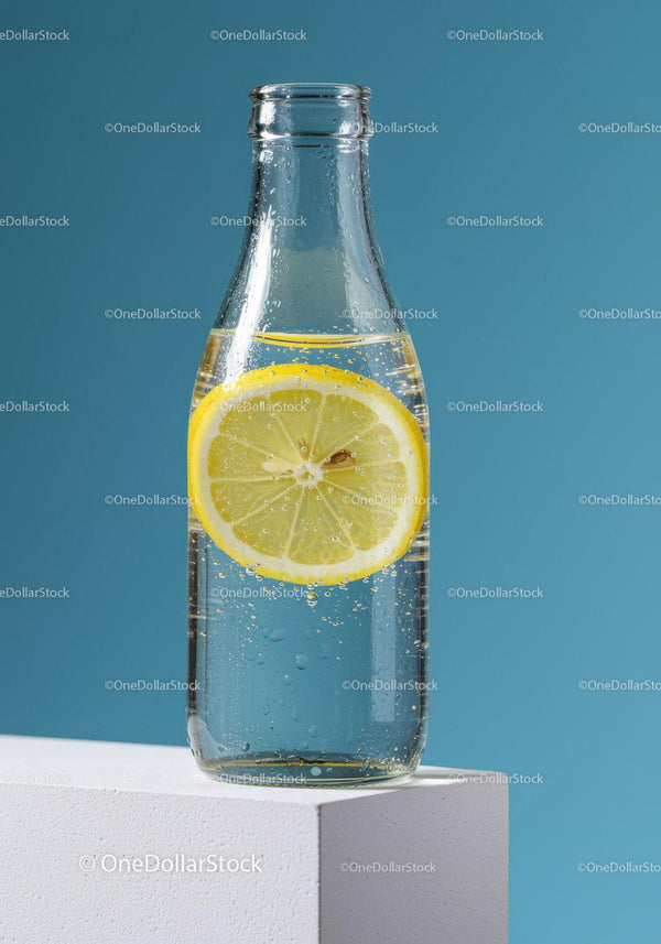 Refreshing Lemon Sparkling Water in Glass Bottle on Blue Background