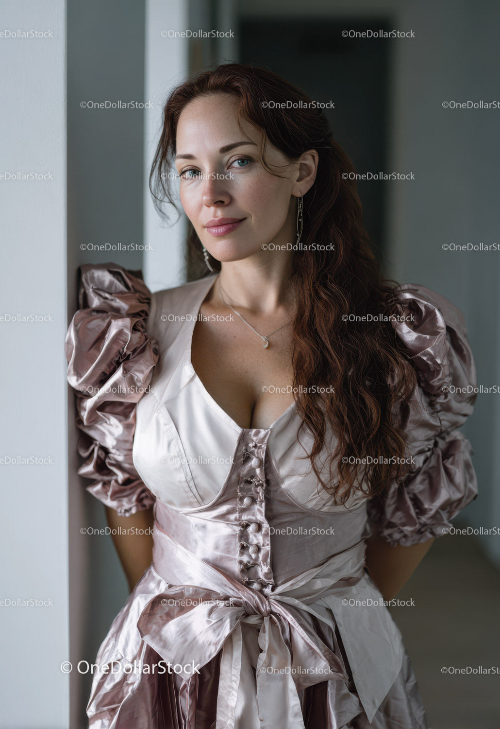 Elegant Woman in Satin Dress with Puffed Sleeves and Jewelry