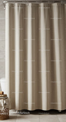 Beige Fabric Shower Curtain with Textured Vertical Stripes for Modern Bathrooms