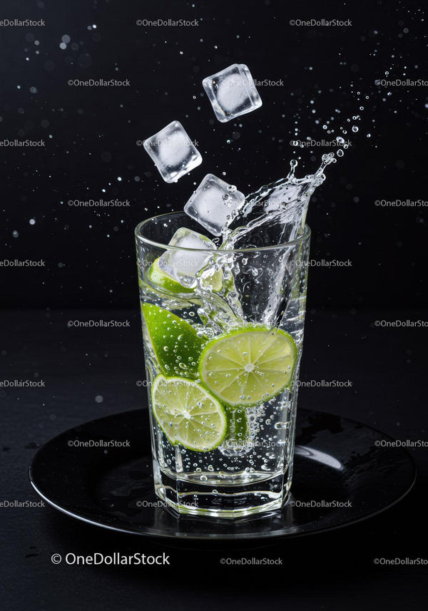 Refreshing lime slices splash in sparkling water glass