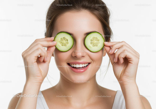 Happy Woman with Cucumber Slices on Eyes in Skincare Routine