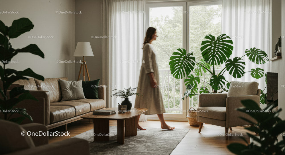 Elegant Woman Walking in a Modern Living Room with Plants