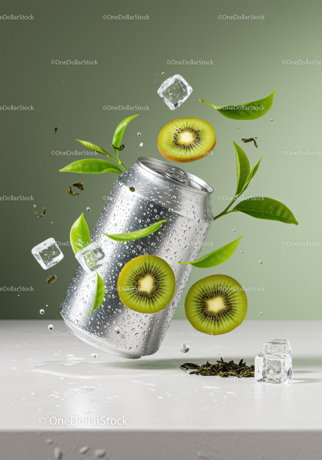 Refreshing Kiwi and Green Tea Drink with Ice Cubes
