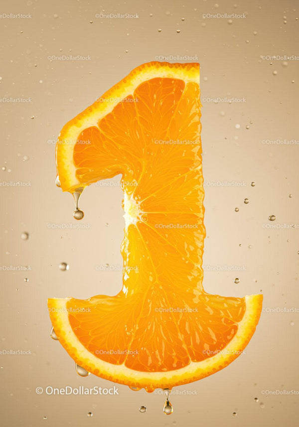 Fresh Orange Slice Shaped As Number One With Droplets