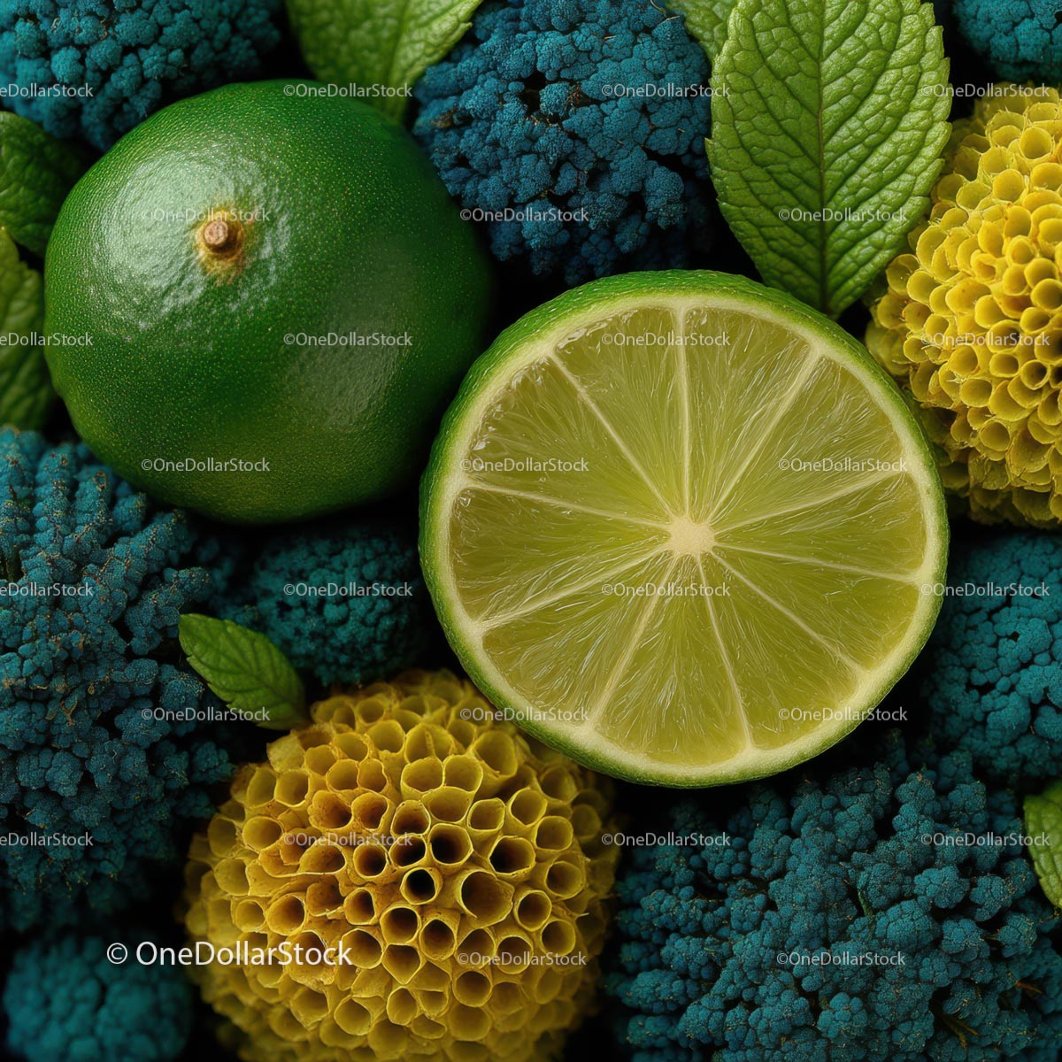 Vibrant Green Lime and Yellow Honeycomb on Textured Background