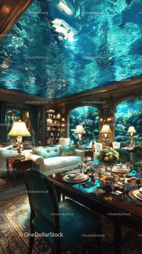 Elegant Living Room with Underwater Ceiling Decor and Luxurious Furniture