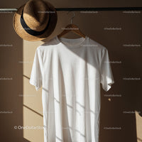 White T-shirt on Hanger with Straw Hat and Sunlight