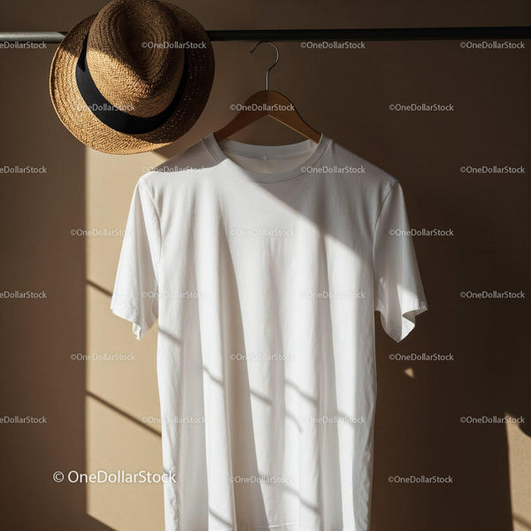 White T-shirt on Hanger with Straw Hat and Sunlight JPG Mockup Image