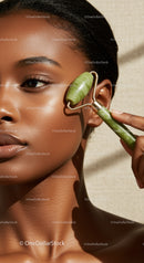 Close-up of a Woman Using Jade Roller for Facial Massage in Spa Setting