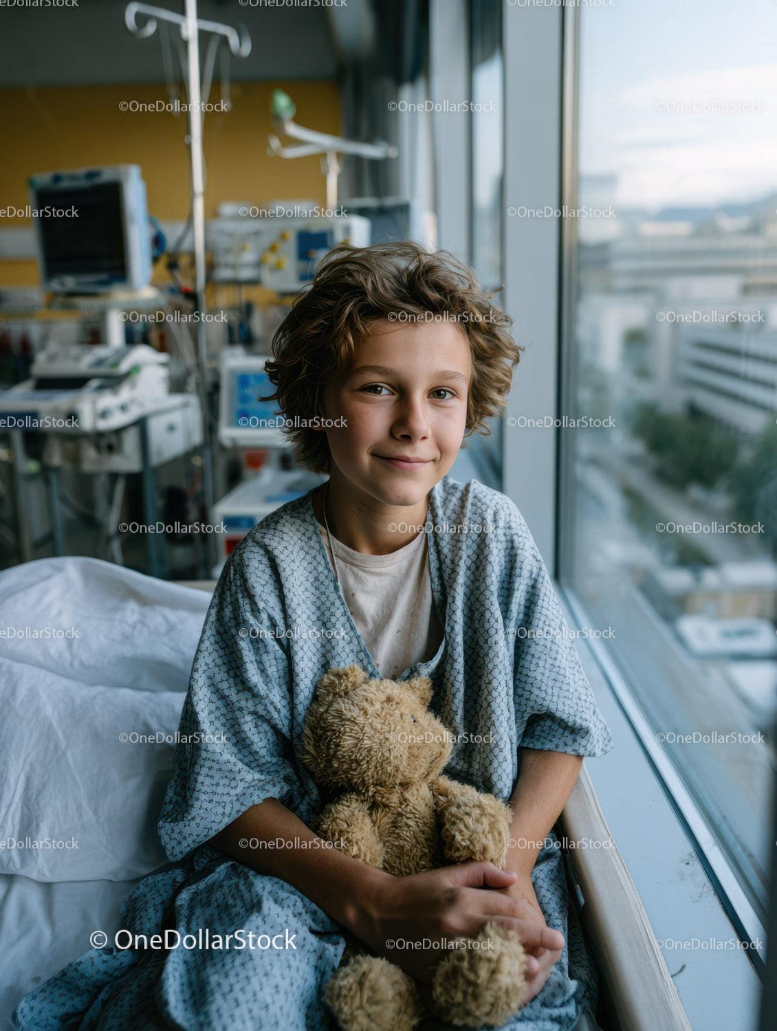 Smiling Young Boy in Hospital Gown with Teddy Bear in Hospital Room