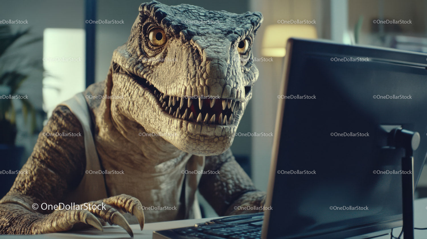 Humorous Dinosaur in Office Working on Laptop in Modern Workspace