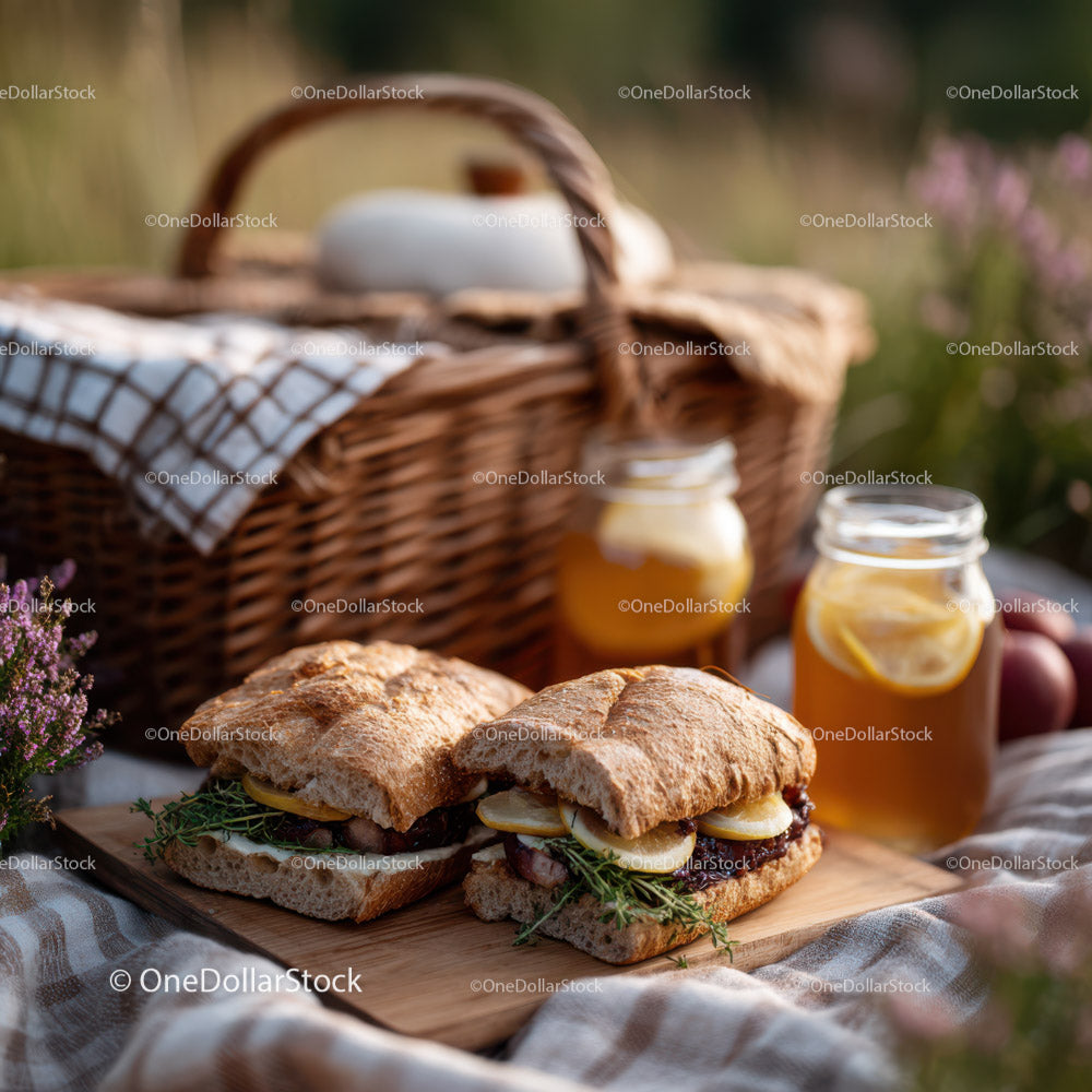Fresh Picnic Basket with Sandwiches and Lemon Drinks in Outdoor Setting