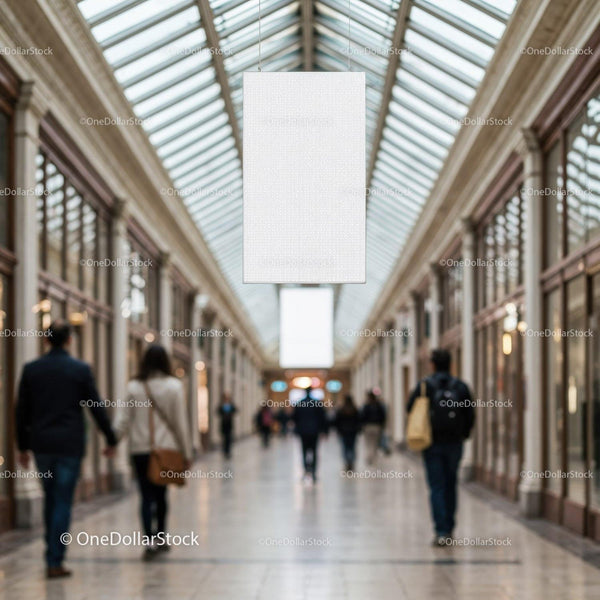 People walking in a bright indoor shopping gallery JPG Mockup Image
