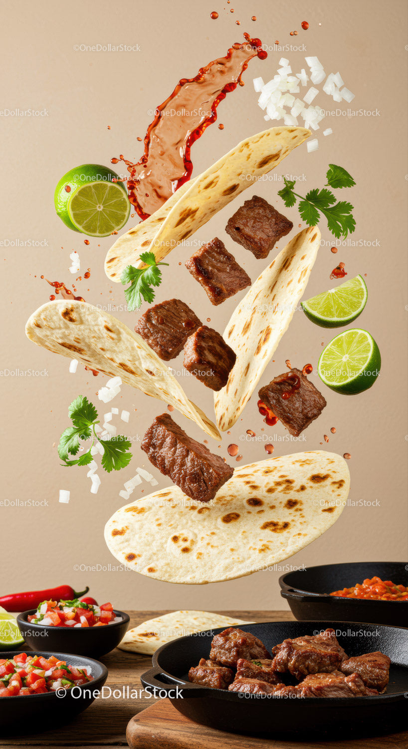 Dekonstruowane tacos z wołowiną ze świeżymi składnikami pływającymi