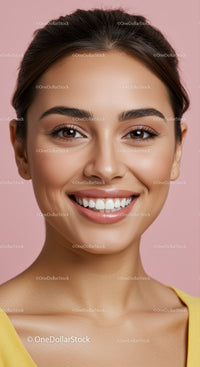 Close up portrait of smiling woman with natural makeup
