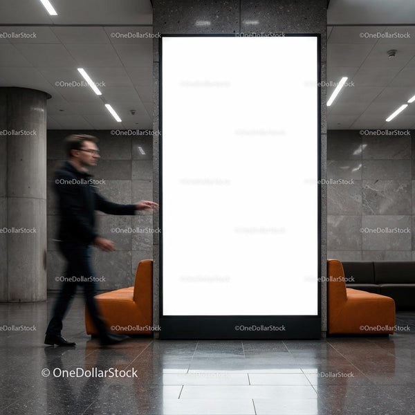 Blurred man walking past blank vertical billboard indoors JPG Mockup Image