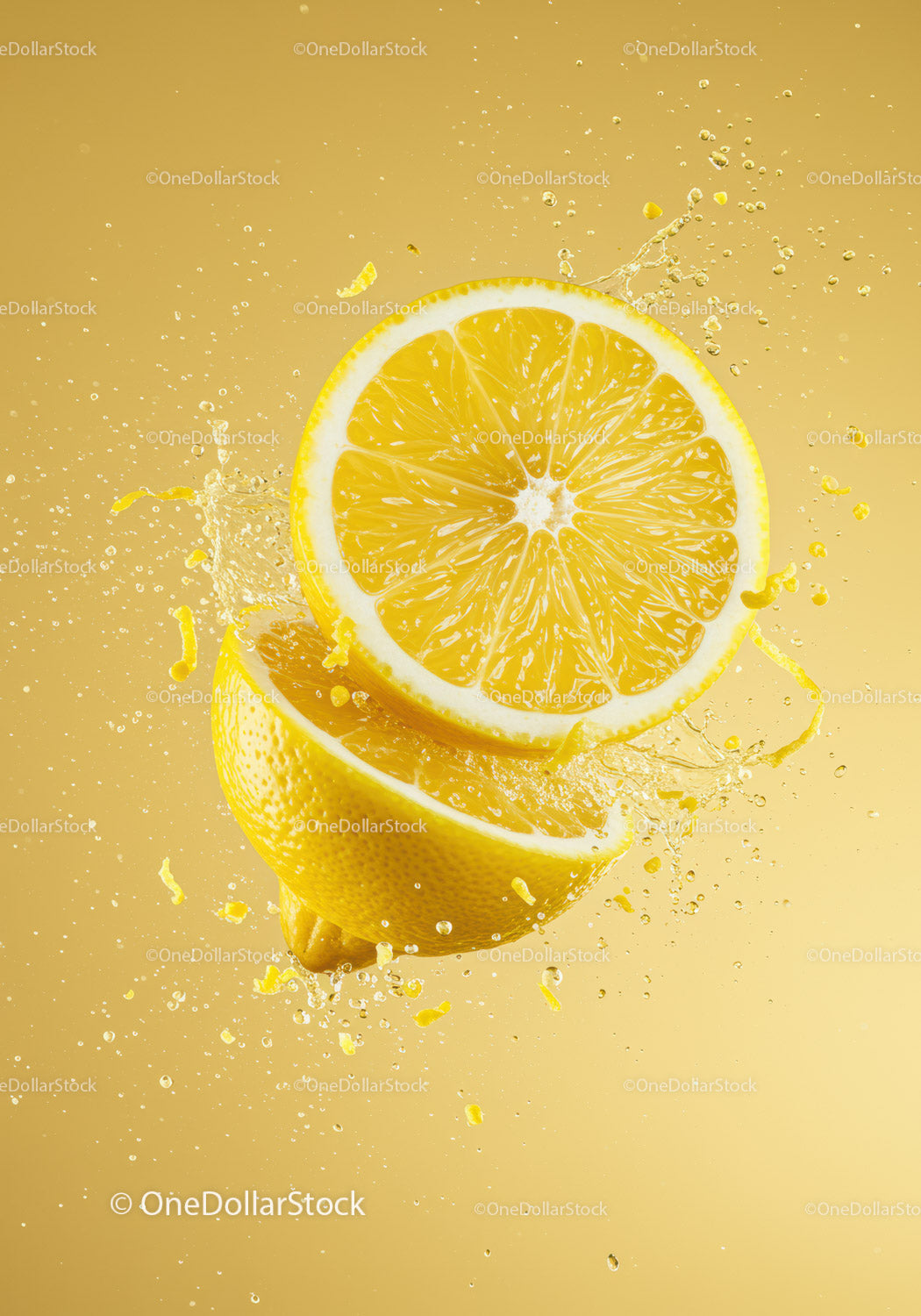 Fresh lemon halves splashing in vibrant juice burst