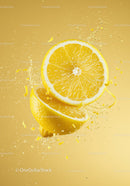 Fresh lemon halves splashing in vibrant juice burst