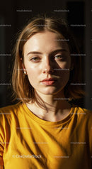 Close-Up of a Young Woman with Hazel Eyes and Sunlit Skin in Yellow T-Shirt