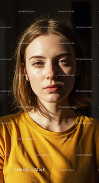 Close-Up of a Young Woman with Hazel Eyes and Sunlit Skin in Yellow T-Shirt