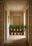 Indoor Greenery in Modern Beige Corridors with Potted Plants