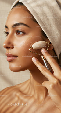 Close-Up of Young Woman Using Jade Roller for Skin Rejuvenation