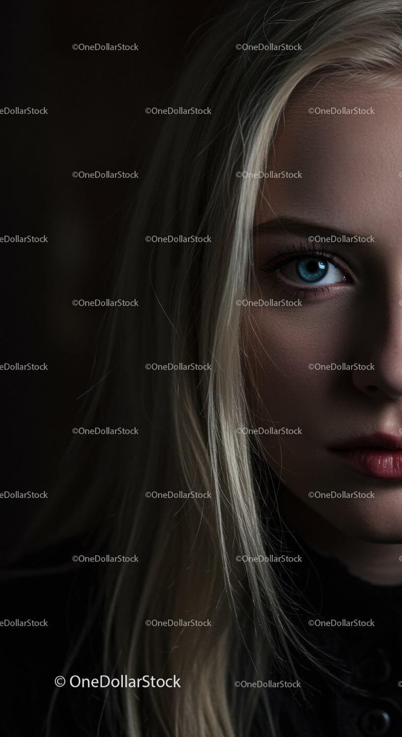 Close up portrait of thoughtful woman with blue eyes
