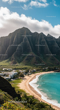 Majestic Mountain Range Over Tropical Beach With Clear Turquoise Water