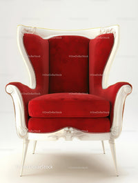 Elegant Red Velvet Armchair with Ornate White Wood Frame