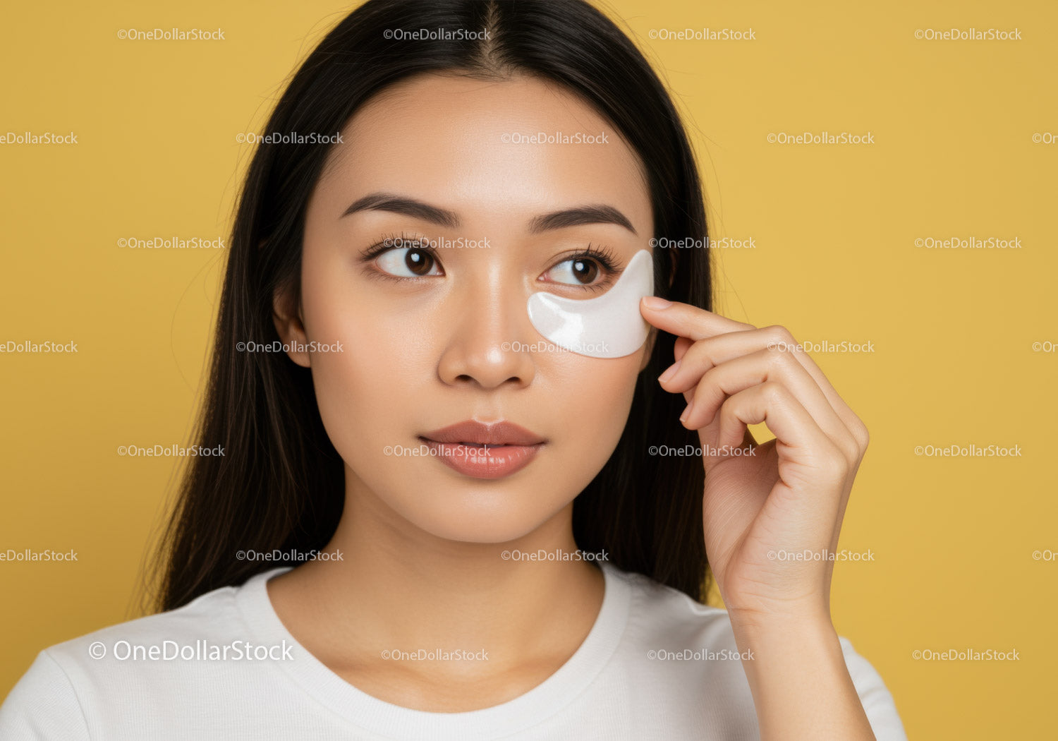 Young Woman Applying Eye Patch for Skincare Routine on Yellow Background