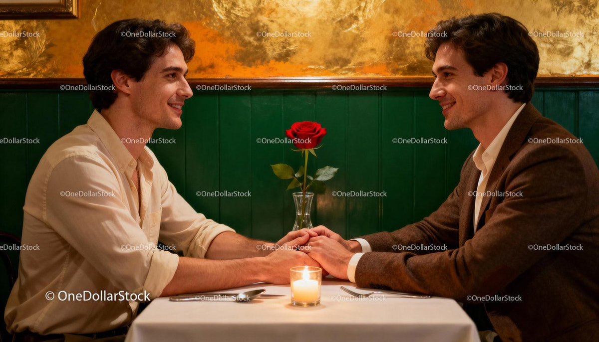 Two men holding hands on a romantic dinner date