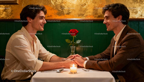 Two men holding hands on a romantic dinner date